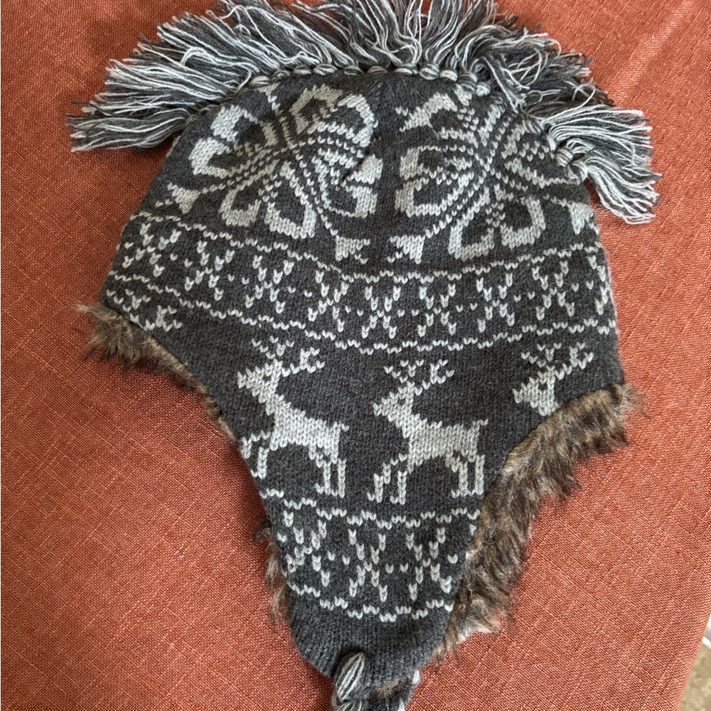 Gray Knit Winter Hat with Reindeer Pattern